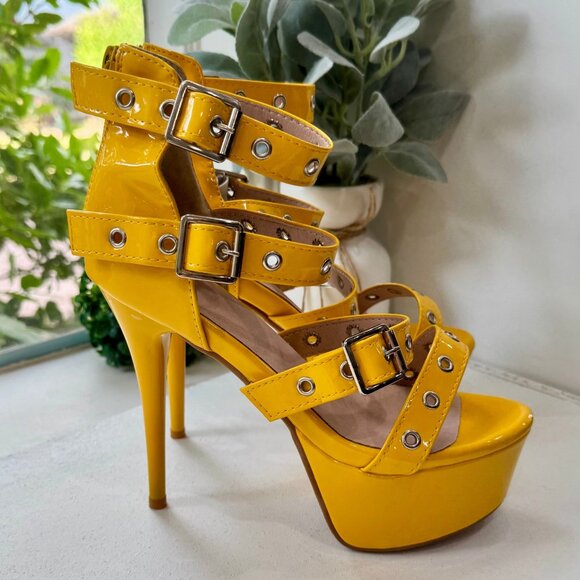 Yellow Patent Leather Buckle Straps Sexy Stiletto Platform High Heel Pumps Sz 7 - Picture 4 of 8